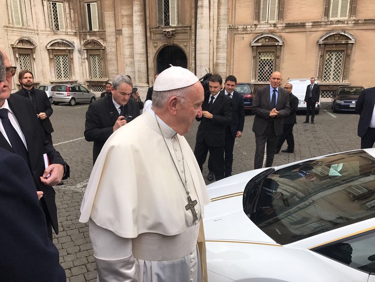 Italy, November 2017Pope auctions Lamborghini to support Christians in Iraq.A brand-new Lamborghini special edition Huracan presented to Pope Francis will be auctioned off with the proceeds donated to charity.  Part of the funds raised from the Sotheby's auction will go to the project “Return to the roots” rules by foundation Aid to the Church in Need  (ACN)  to allow displaced Christians to return to their original villages and recover their dignity after the devastation by the Islamic State group.