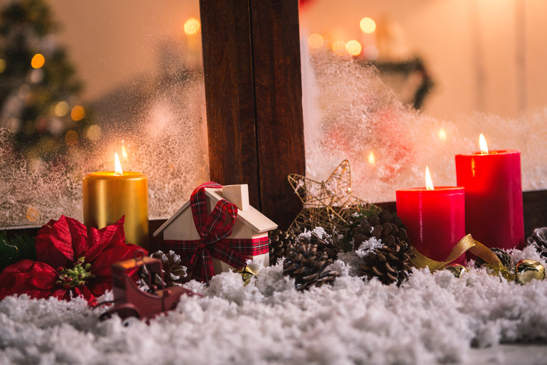 Christmas decorations on fake snow