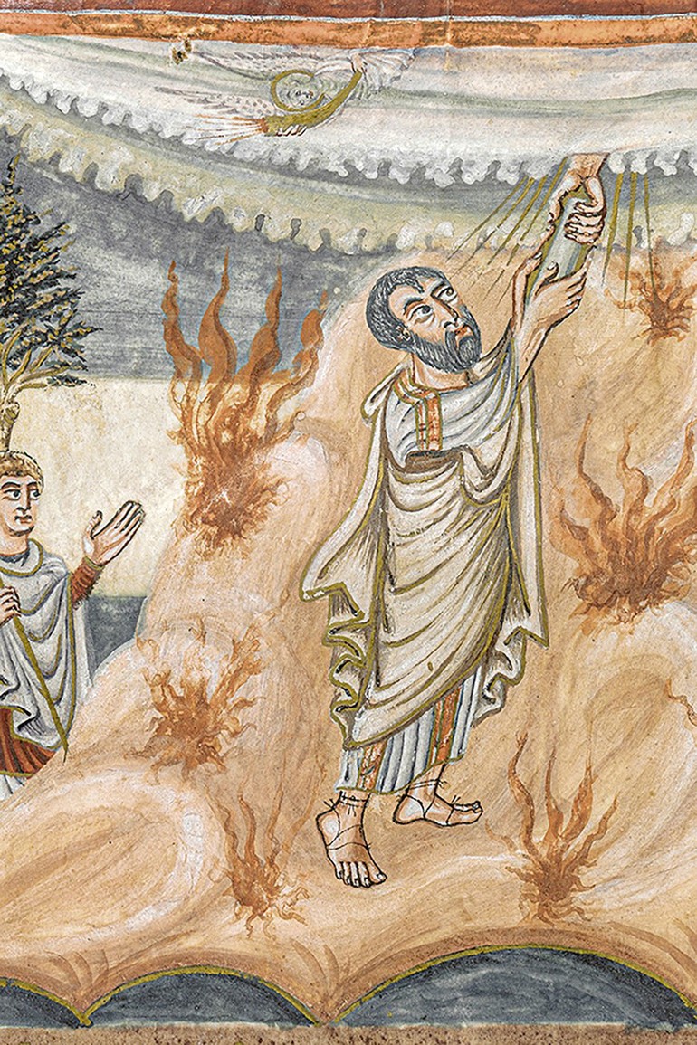 Moïse reçoit de la main de Dieu les Table de la Loi, avec les Dix Commandements (détail). British Library, Add. Ms. 10546, f. 25r