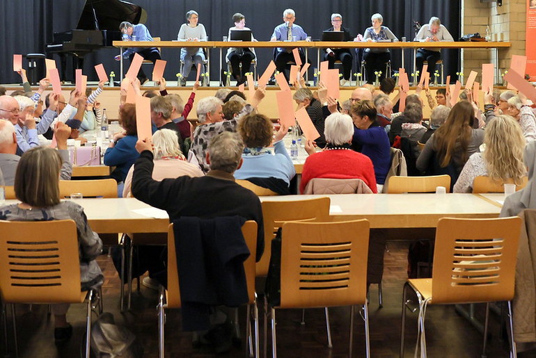Les représentants des 38 sociétés présentes ont pu s'exprimer lors de votation en levant un carton rose pour signifier leur accord |©Philippe Girardin