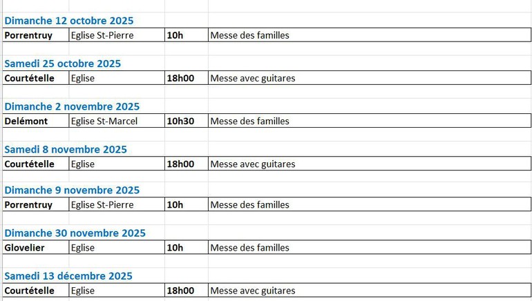 Horaire des messes et célébrations