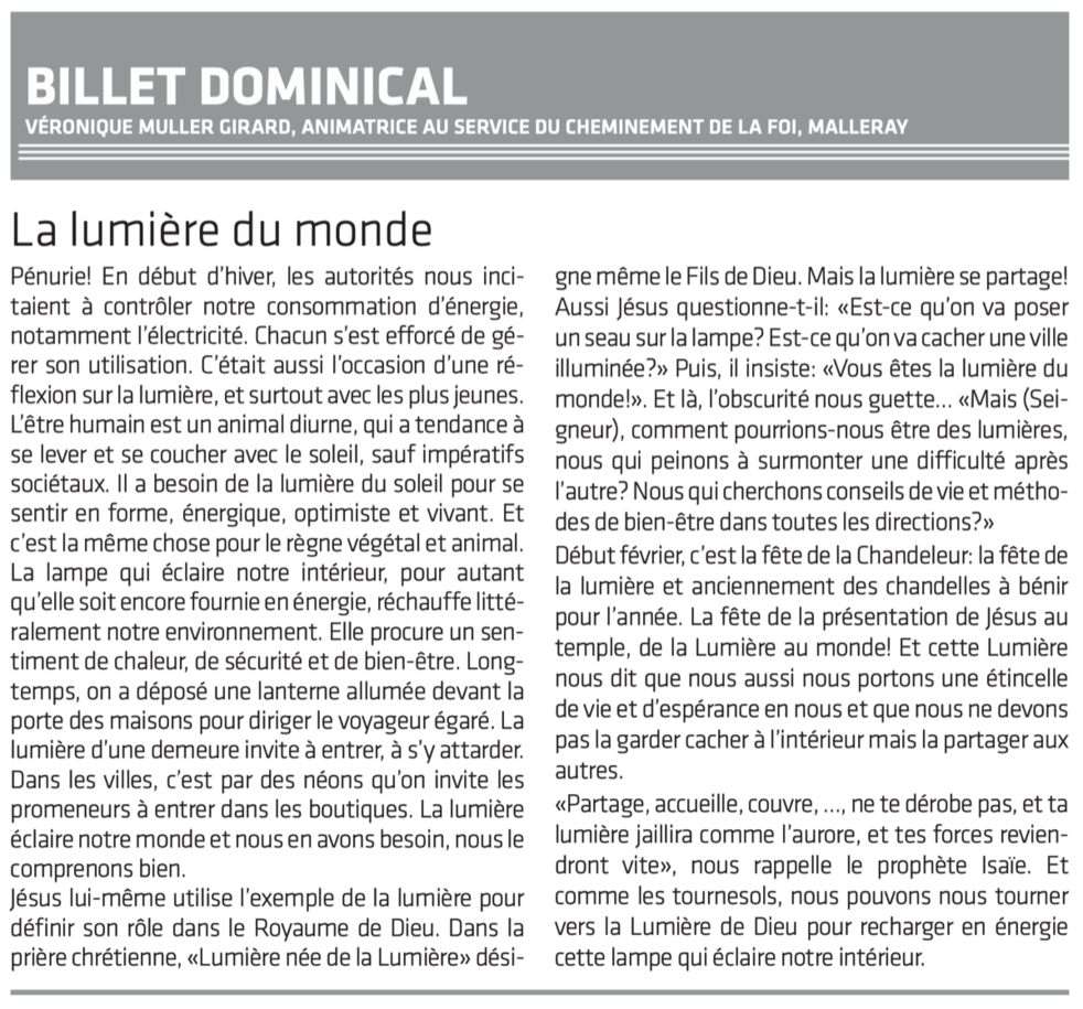 Le billet de Véronique Muller Girard - Le Journal du Jura 04-02-23