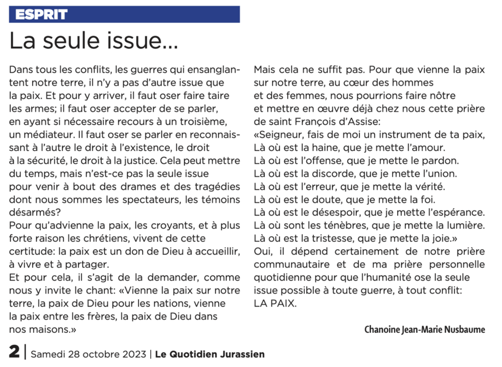 Le billet du Chanoine Jean-Marie Nusbaume, LQJ 28.10.2023
