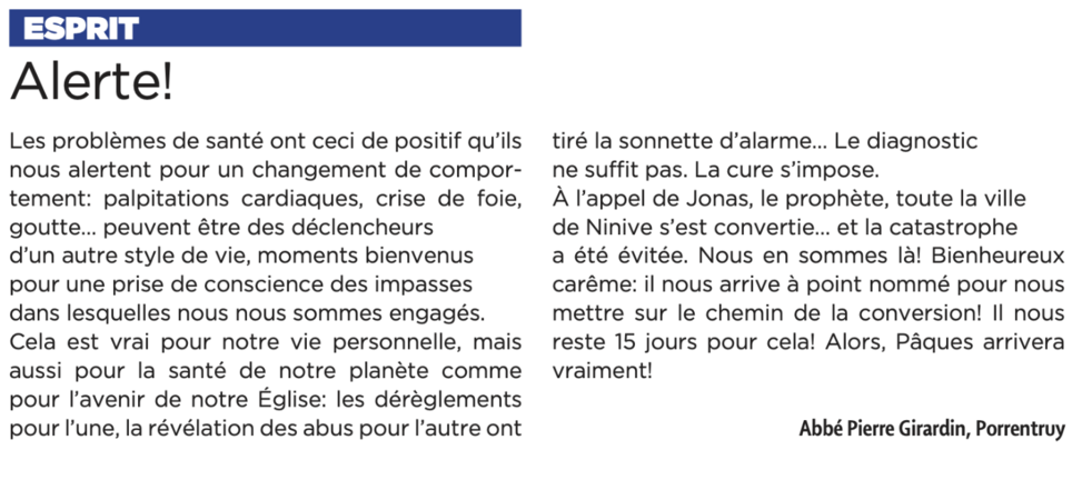 Le billet de l'Abbé Pierre Girardin, LQJ 16.03.2024