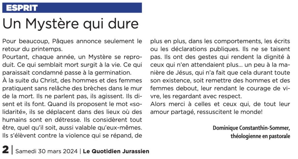 Le billet de Dominique Constanthin-Sommer, LQJ 30.03.2024