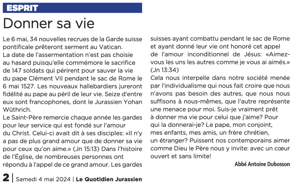 le billet de l'Abbé Antoine Dubosson, LQJ 04.05.2024