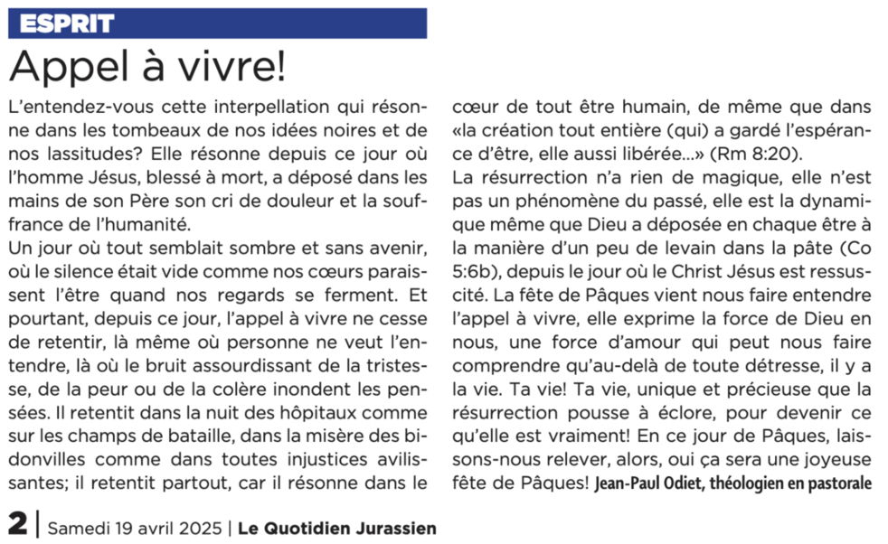 Le billet de Jean-Paul Odiet, LQJ 19.04.2025