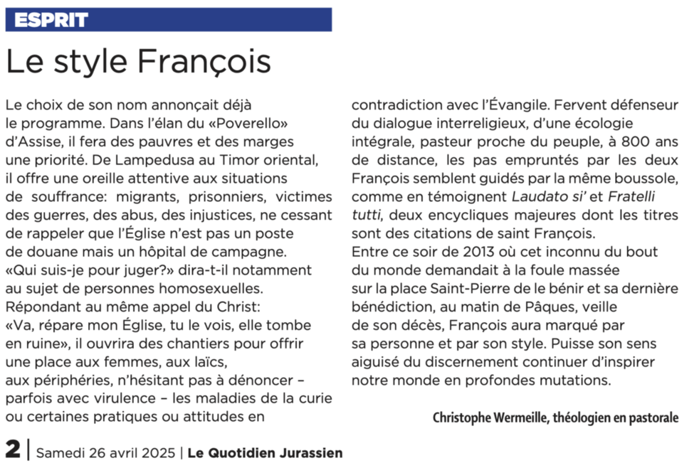 Le billet de Christophe Wermeille, LQJ 26.04.2025