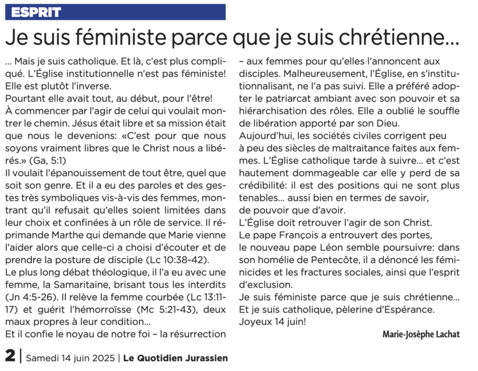 Le billet de Marie-Josèphe Lachat, LQJ 14.06.2025